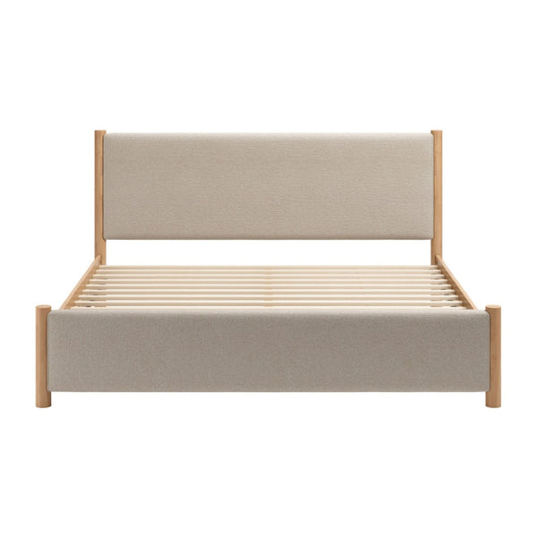 HomeRoots Natural King Bed Frame with Beige Upholstered Headboard - Mid-Century Modern Design & Durability 583187