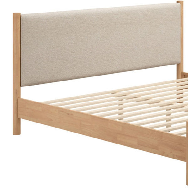 HomeRoots Natural King Bed Frame with Beige Upholstered Headboard - Mid-Century Modern Design & Durability 583187