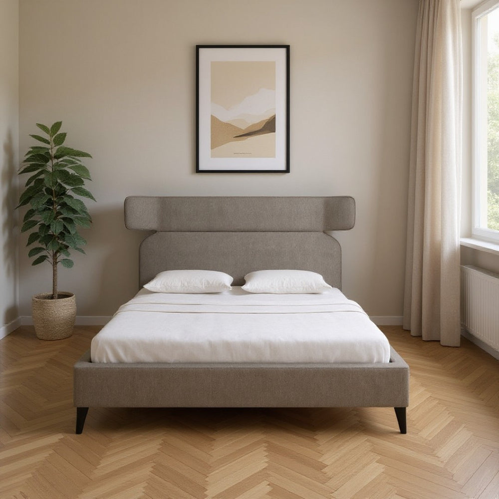 HomeRoots Brown King Bed Frame - Solid Wood & Elegant Upholstery with Geometric Headboard for Modern Spaces 583188