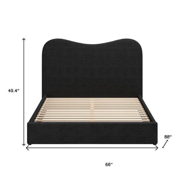 HomeRoots Black Velvet Ribbed Texture Queen Bed Frame - Modern Upholstered Design with Curved Headboard 583190