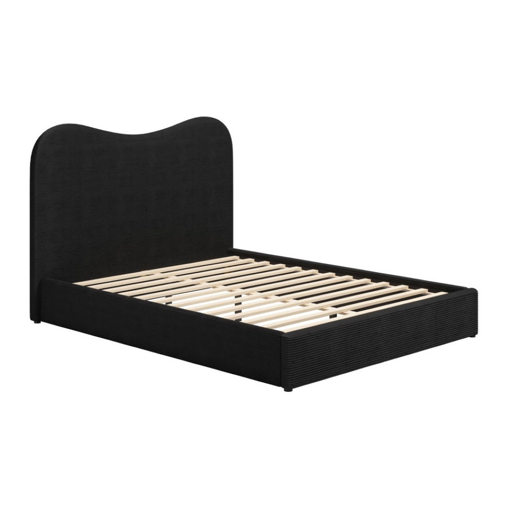HomeRoots Black Velvet Ribbed Texture Queen Bed Frame - Modern Upholstered Design with Curved Headboard 583190