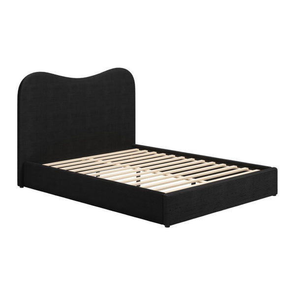HomeRoots Black Velvet Ribbed Texture Queen Bed Frame - Modern Upholstered Design with Curved Headboard 583190
