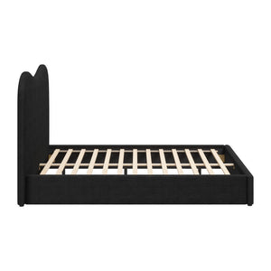 HomeRoots Black Velvet Ribbed Texture Queen Bed Frame - Modern Upholstered Design with Curved Headboard 583190