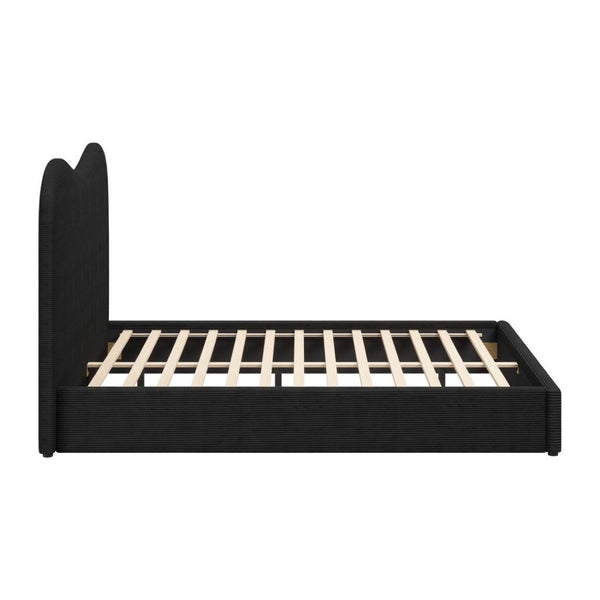 HomeRoots Black Velvet Ribbed Texture Queen Bed Frame - Modern Upholstered Design with Curved Headboard 583190