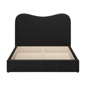 HomeRoots Black Velvet Ribbed Texture Queen Bed Frame - Modern Upholstered Design with Curved Headboard 583190