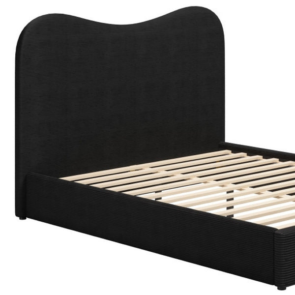 HomeRoots Black Velvet Ribbed Texture Queen Bed Frame - Modern Upholstered Design with Curved Headboard 583190