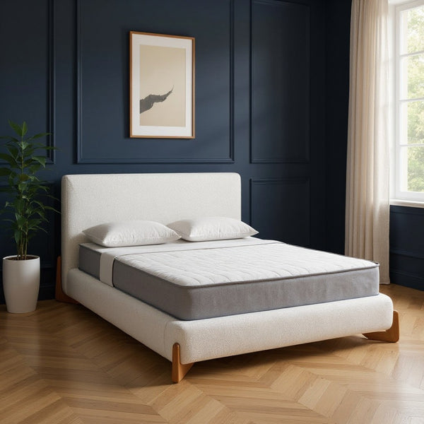 HomeRoots Ivory Solid Wood Boucle King Bed Frame - Contemporary Comfort & Durable Design for Your Bedroom Retreat 583191