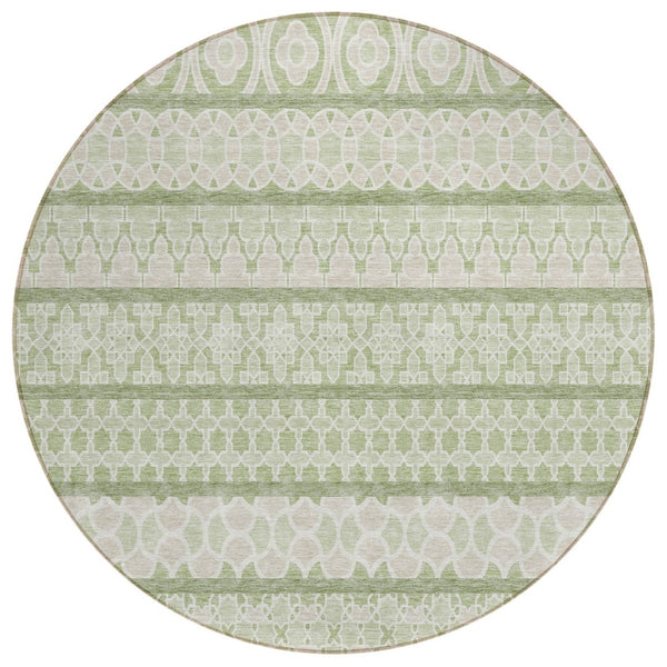 HomeRoots 5' Timeless Artichoke Green Ivory Quatrefoil Rug - Durable, Washable for Indoor & Outdoor Use 8' Round 583194