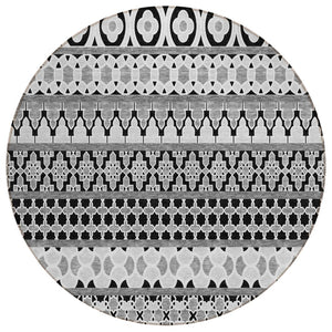 HomeRoots 5' Modern Quatrefoil Washable Area Rug in Black Gray Ivory – Durable Indoor Outdoor Style 8' Round 583200