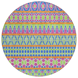 HomeRoots 5' Quatrefoil Area Rug in Blush Blue & Lime Green - Durable, Washable for Indoor & Outdoor Spaces 8' Round 583206