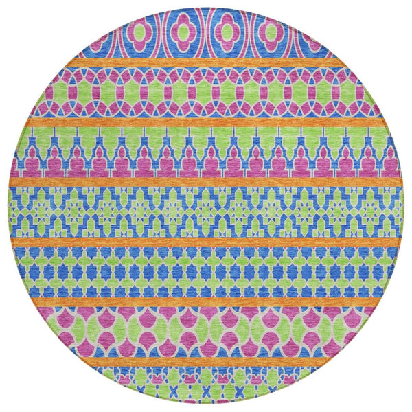HomeRoots 5' Quatrefoil Area Rug in Blush Blue & Lime Green - Durable, Washable for Indoor & Outdoor Spaces 8' Round 583206