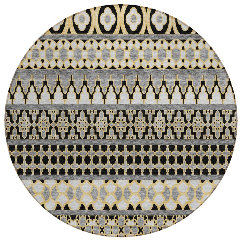 HomeRoots 5' Charcoal Gray and Gold Quatrefoil Washable Area Rug - Durable, Stylish for Indoor & Outdoor Use 8' Round 583212