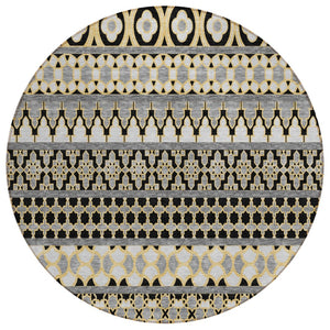HomeRoots 5' Charcoal Gray and Gold Quatrefoil Washable Area Rug - Durable, Stylish for Indoor & Outdoor Use 8' Round 583212