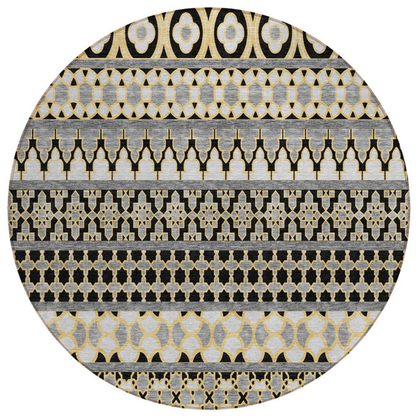 HomeRoots 5' Charcoal Gray and Gold Quatrefoil Washable Area Rug - Durable, Stylish for Indoor & Outdoor Use 8' Round 583212