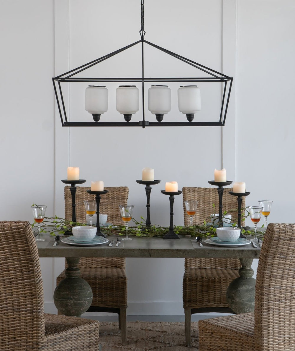 English Elm 41.7x14.2x23.8" Matte Black Iron Chandelier White Glass Panels Industrial Dining Foyer W2078P411229