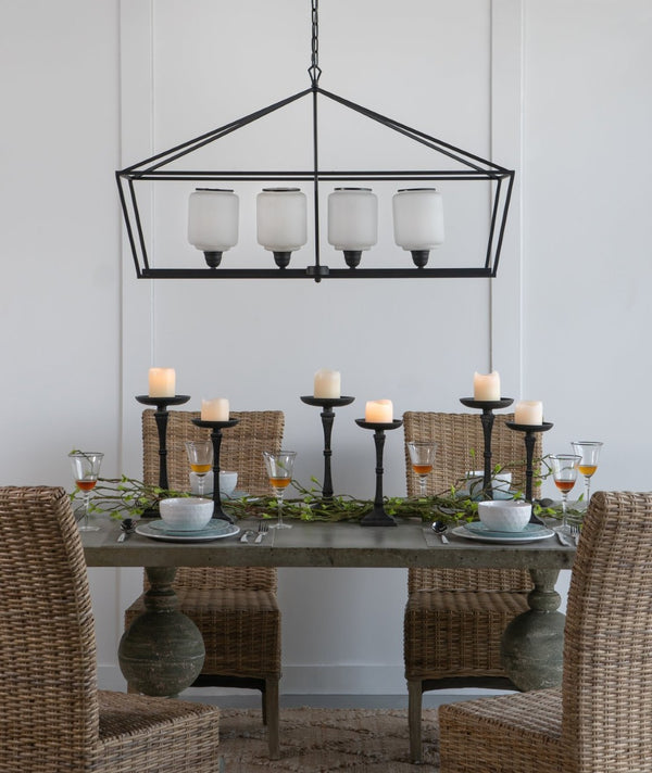 English Elm 41.7x14.2x23.8" Matte Black Iron Chandelier White Glass Panels Industrial Dining Foyer W2078P411229