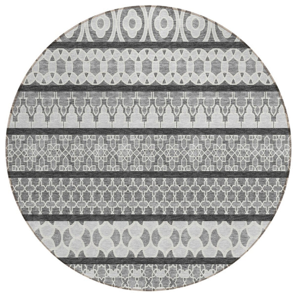 HomeRoots 5' Gray Charcoal and Silver Quatrefoil Area Rug - Stylish, Durable Washable Design for Indoor/Outdoor Use 8' Round 583224