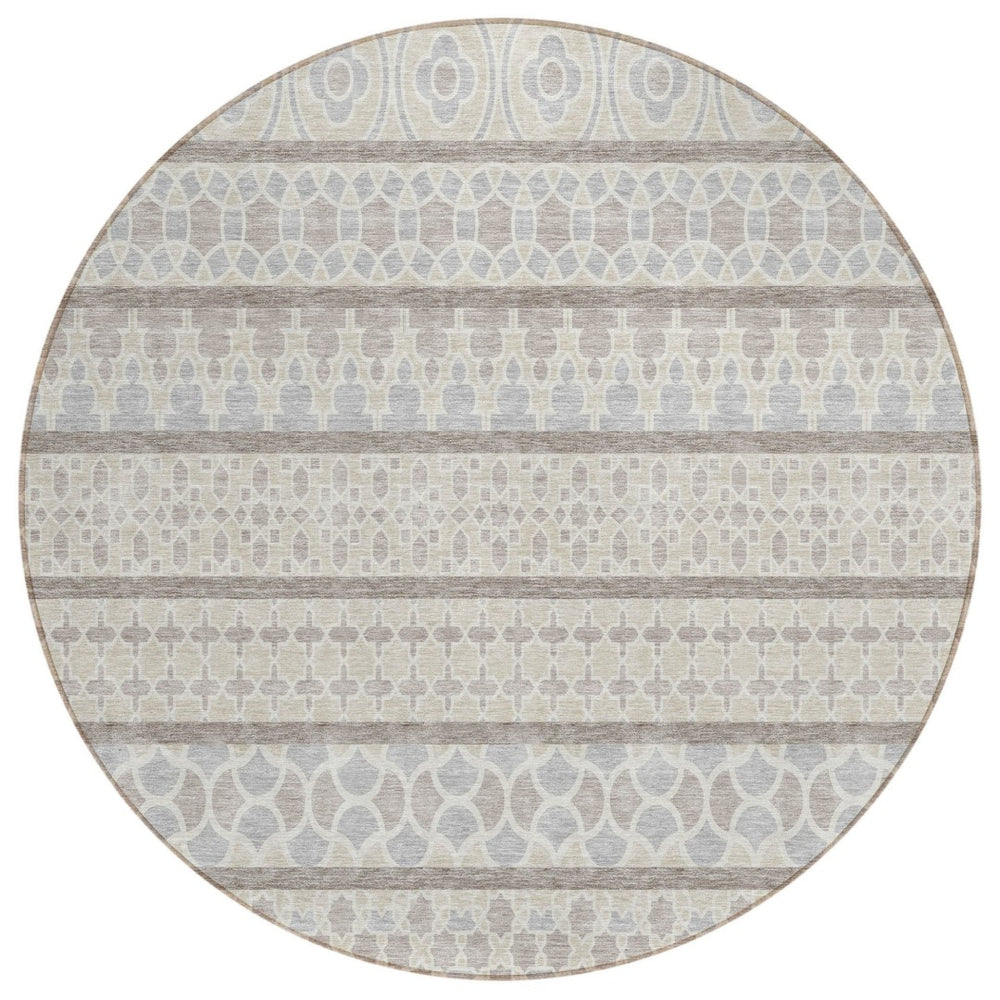 HomeRoots 5' Timeless Ivory Beige Taupe Quatrefoil Washable Area Rug for Indoor and Outdoor Elegance 8' Round 583230