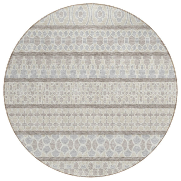 HomeRoots 5' Timeless Ivory Beige Taupe Quatrefoil Washable Area Rug for Indoor and Outdoor Elegance 8' Round 583230