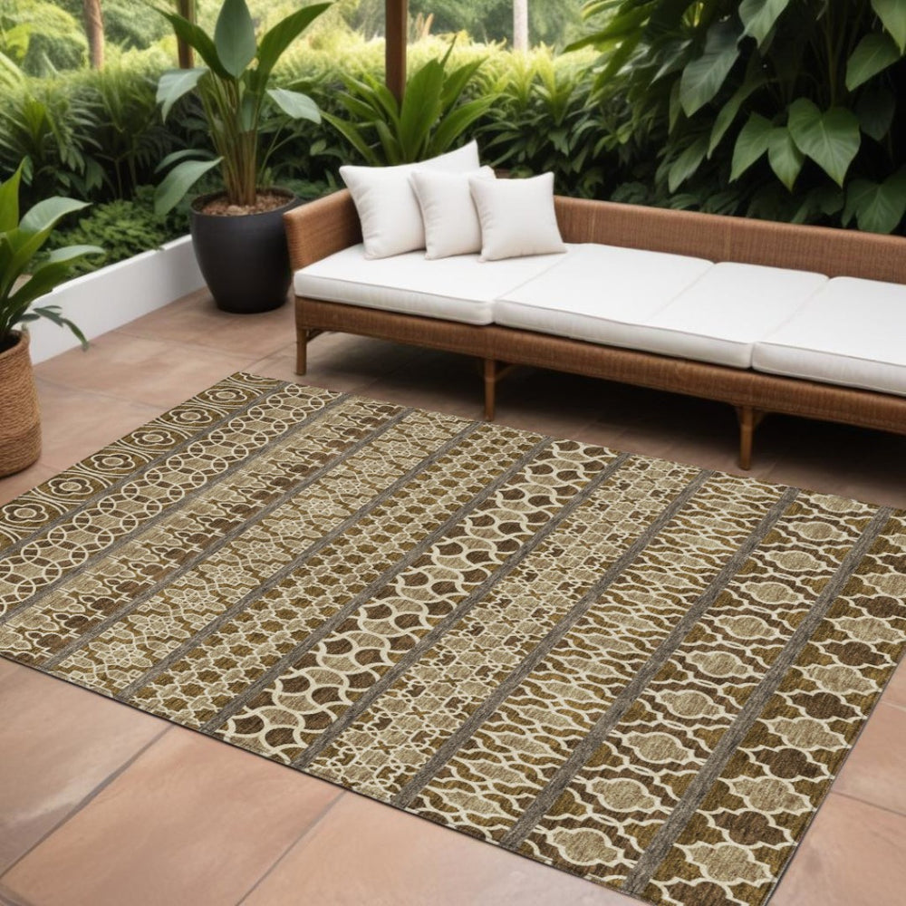 HomeRoots 5' Stylish Brown and Taupe Quatrefoil Washable Area Rug for Indoor and Outdoor Spaces, Durable Design 10' X 14' 583239