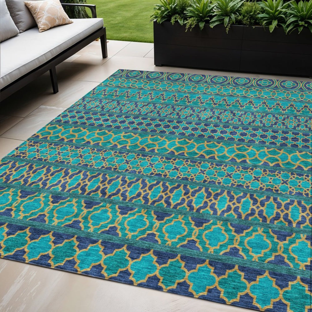 HomeRoots 5' Quatrefoil Indoor Outdoor Area Rug in Teal and Navy Blue - Durable, Washable, Stylish Design 5' X 8' 583253