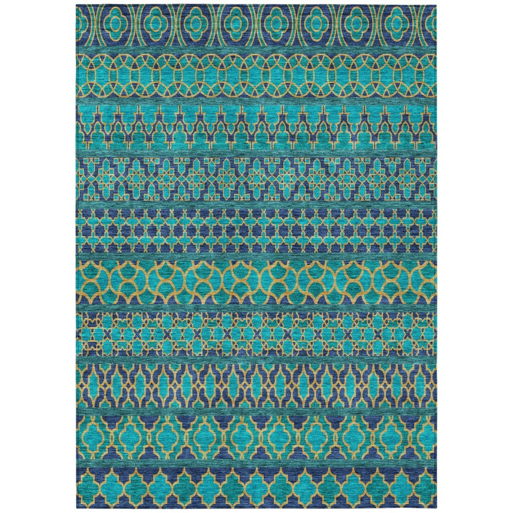 HomeRoots 5' Quatrefoil Indoor Outdoor Area Rug in Teal and Navy Blue - Durable, Washable, Stylish Design 5' X 8' 583253