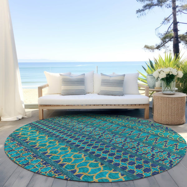 Homeroots 3' Artichoke Green Quatrefoil Washable Area Rug – Elegant Indoor Outdoor Design For Any Space 8' Round Polyester 583254