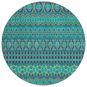 HomeRoots 5' Quatrefoil Indoor Outdoor Area Rug in Teal and Navy Blue - Durable, Washable, Stylish Design 8' Round 583254