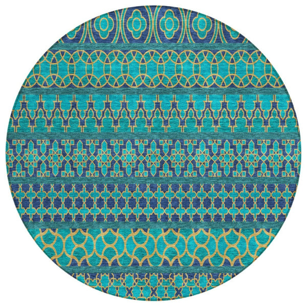 HomeRoots 5' Quatrefoil Indoor Outdoor Area Rug in Teal and Navy Blue - Durable, Washable, Stylish Design 8' Round 583254
