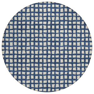 HomeRoots 5' Navy Blue and Ivory Geometric Area Rug - Durable, Washable, Indoor/Outdoor Style for High-Traffic Spaces 8' Round 583278