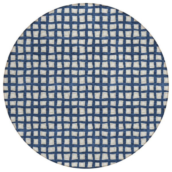 HomeRoots 5' Navy Blue and Ivory Geometric Area Rug - Durable, Washable, Indoor/Outdoor Style for High-Traffic Spaces 8' Round 583278