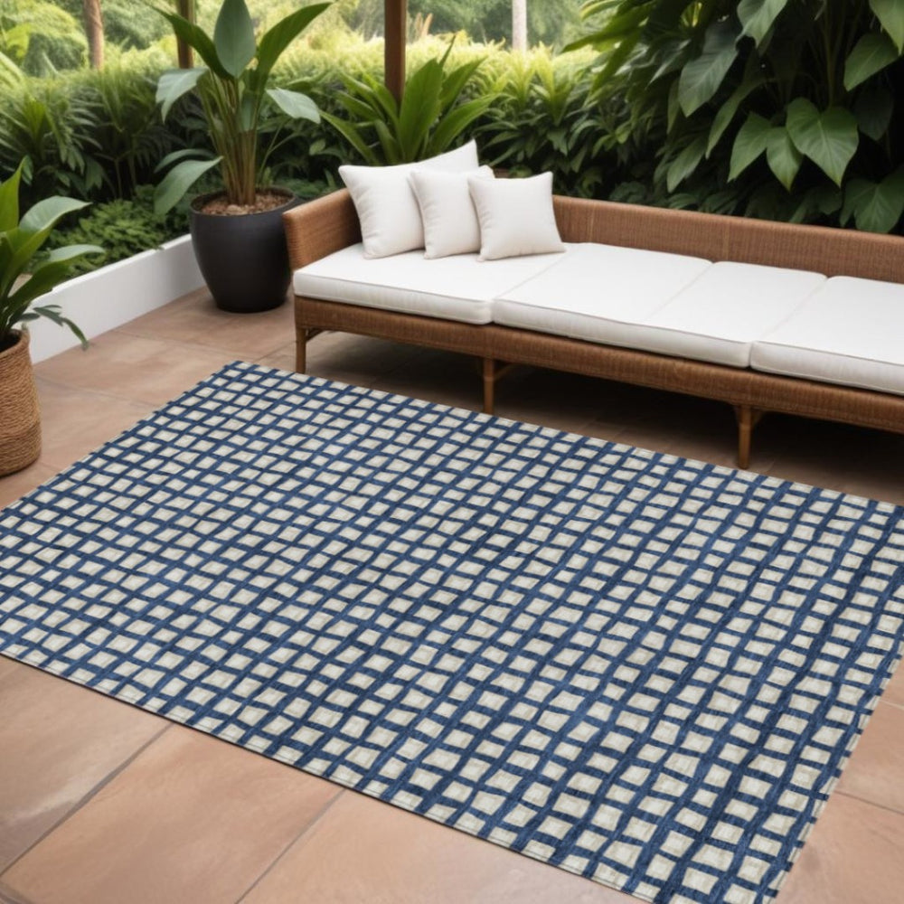 HomeRoots 9' Stylish Navy Blue and Ivory Geometric Washable Rug for Indoor and Outdoor Spaces, Durable Design 9' X 12' 583280