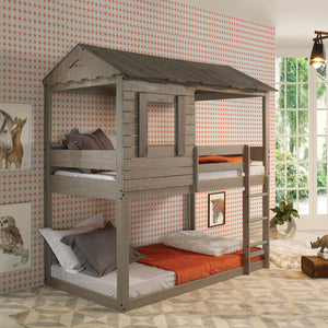 English Elm Rustic Solid Pine Twin-Over-Twin Bunk Bed in Grey with Built-In Right Ladder, 13-Slat Support System B062S00466