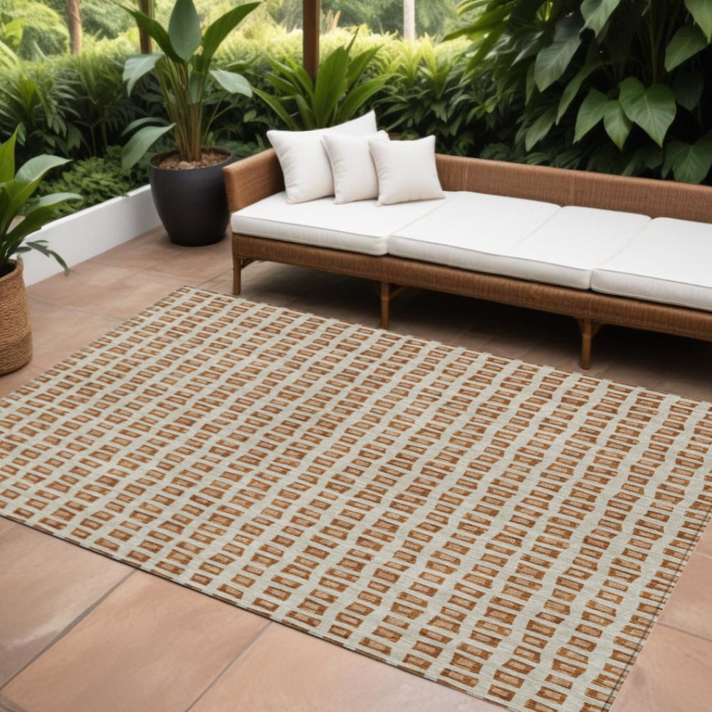 HomeRoots 5' Indoor Outdoor Area Rug - Vibrant Orange Beige Copper Geometric Design for High-Traffic Spaces 8' X 10' 583315