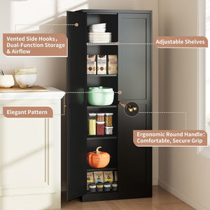 English Elm 61" Matte Black Steel Freestanding Pantry Cabinet with 4 Adjustable Shelves Modern Farmhouse T2398P465984