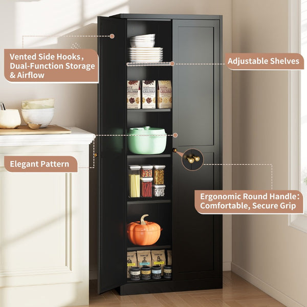 English Elm 61" Matte Black Steel Freestanding Pantry Cabinet with 4 Adjustable Shelves Modern Farmhouse T2398P465984