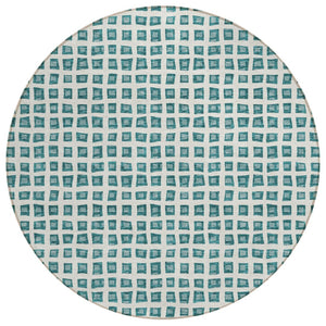 HomeRoots 5' Stylish Teal Blue and Ivory Geometric Area Rug - Washable, Durable Design for Indoor & Outdoor Use 8' Round 583320