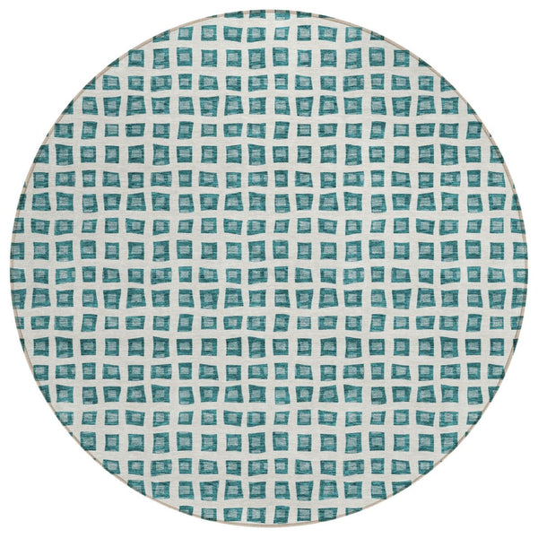 HomeRoots 5' Stylish Teal Blue and Ivory Geometric Area Rug - Washable, Durable Design for Indoor & Outdoor Use 8' Round 583320