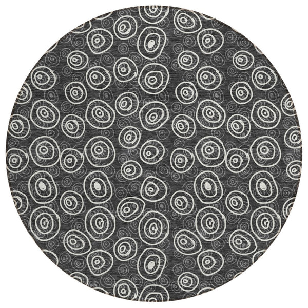 HomeRoots 5' Modern Geometric Indoor Outdoor Area Rug in Black, Gray & Ivory – Durable, Washable & Stylish 8' Round 583326