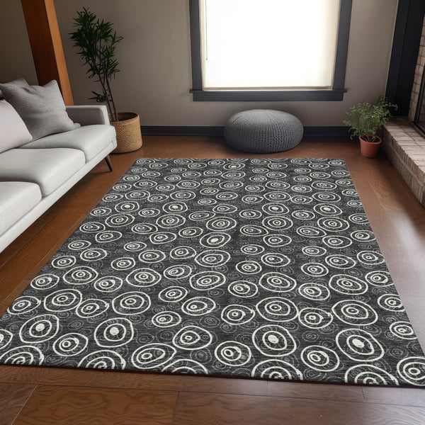 Homeroots 3' Stylish Black Gray And Ivory Geometric Washable Indoor Outdoor Area Rug For Any Space 9' X 12' Polyester 583328