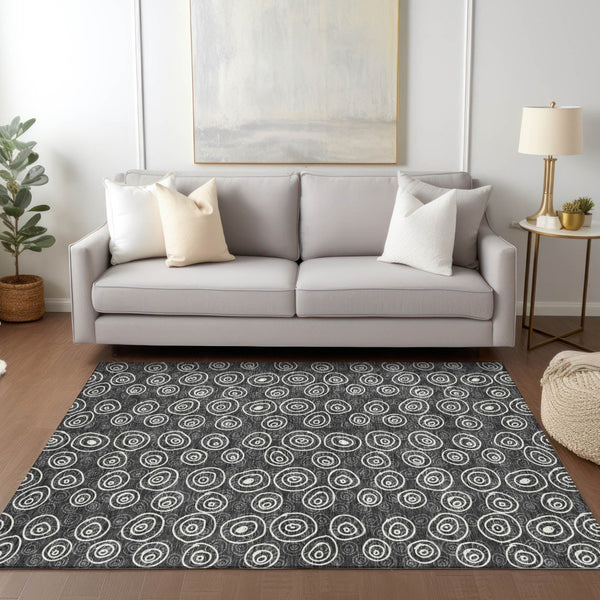 Homeroots 3' Stylish Black Gray And Ivory Geometric Washable Indoor Outdoor Area Rug For Any Space 9' X 12' Polyester 583328