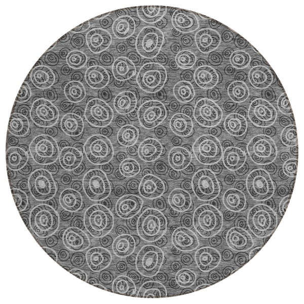 HomeRoots 5' Modern Gray Charcoal and Silver Geometric Washable Rug for Indoor Outdoor High-Traffic Spaces 8' Round 583356