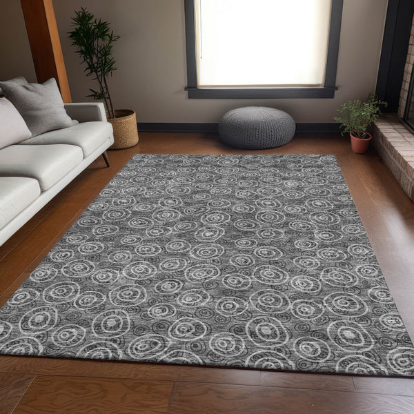Homeroots 3' Stylish Black Gray And Ivory Geometric Washable Indoor Outdoor Area Rug For Any Space 9' X 12' Polyester 583358