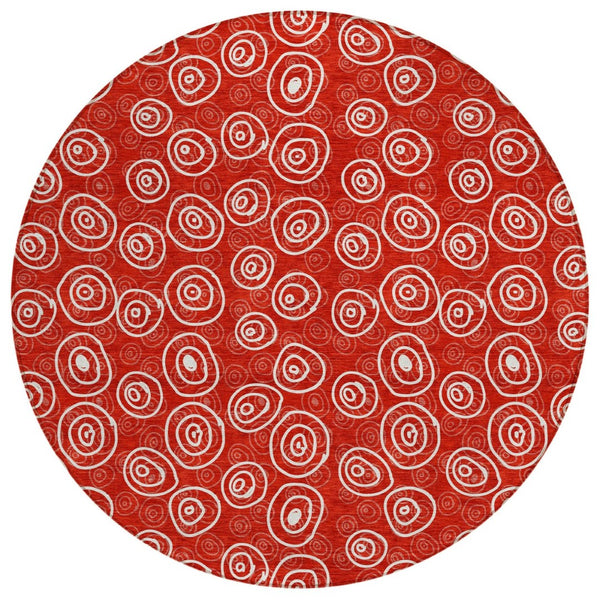 HomeRoots 5' Red and Ivory Geometric Area Rug - Stylish, Durable, Washable Design for Indoor and Outdoor Use 8' Round 583386