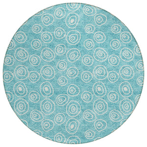 HomeRoots 5' Teal Blue and Ivory Geometric Area Rug - Stylish, Durable, Washable for Indoor/Outdoor Spaces 8' Round 583392
