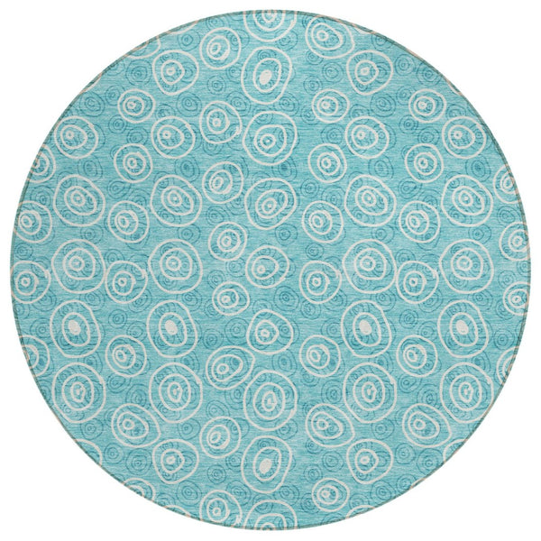 HomeRoots 5' Teal Blue and Ivory Geometric Area Rug - Stylish, Durable, Washable for Indoor/Outdoor Spaces 8' Round 583392