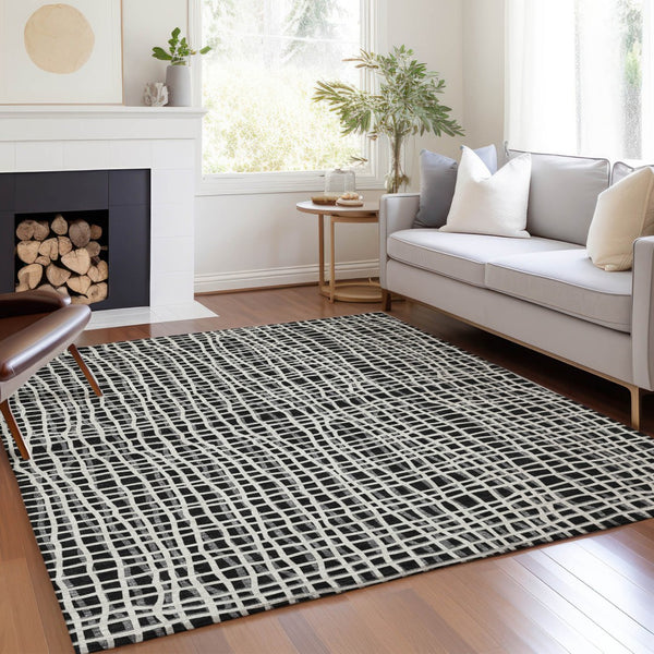 Homeroots 3' Stylish Black Gray And Ivory Striped Washable Rug For Indoor And Outdoor Spaces, Durable Design 3' X 5' Polyester 583402