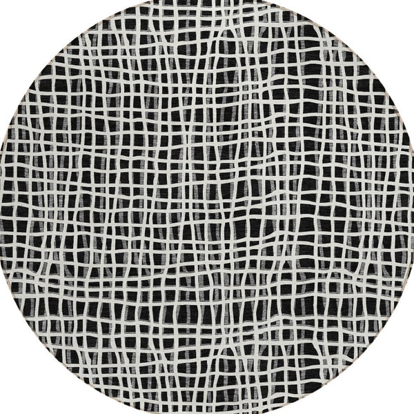 Homeroots 3' Stylish Black Gray And Ivory Striped Washable Rug For Indoor And Outdoor Spaces, Durable Design 8' Round Polyester 583404