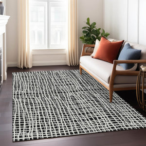 Homeroots 3' Stylish Black Gray And Ivory Striped Washable Rug For Indoor And Outdoor Spaces, Durable Design 10' X 14' Polyester 583407