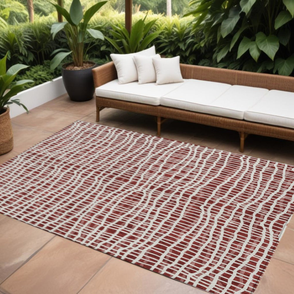 HomeRoots 5' Burgundy and Ivory Striped Area Rug - Durable, Washable Indoor/Outdoor Design for Versatile Spaces 10' X 14' 583413